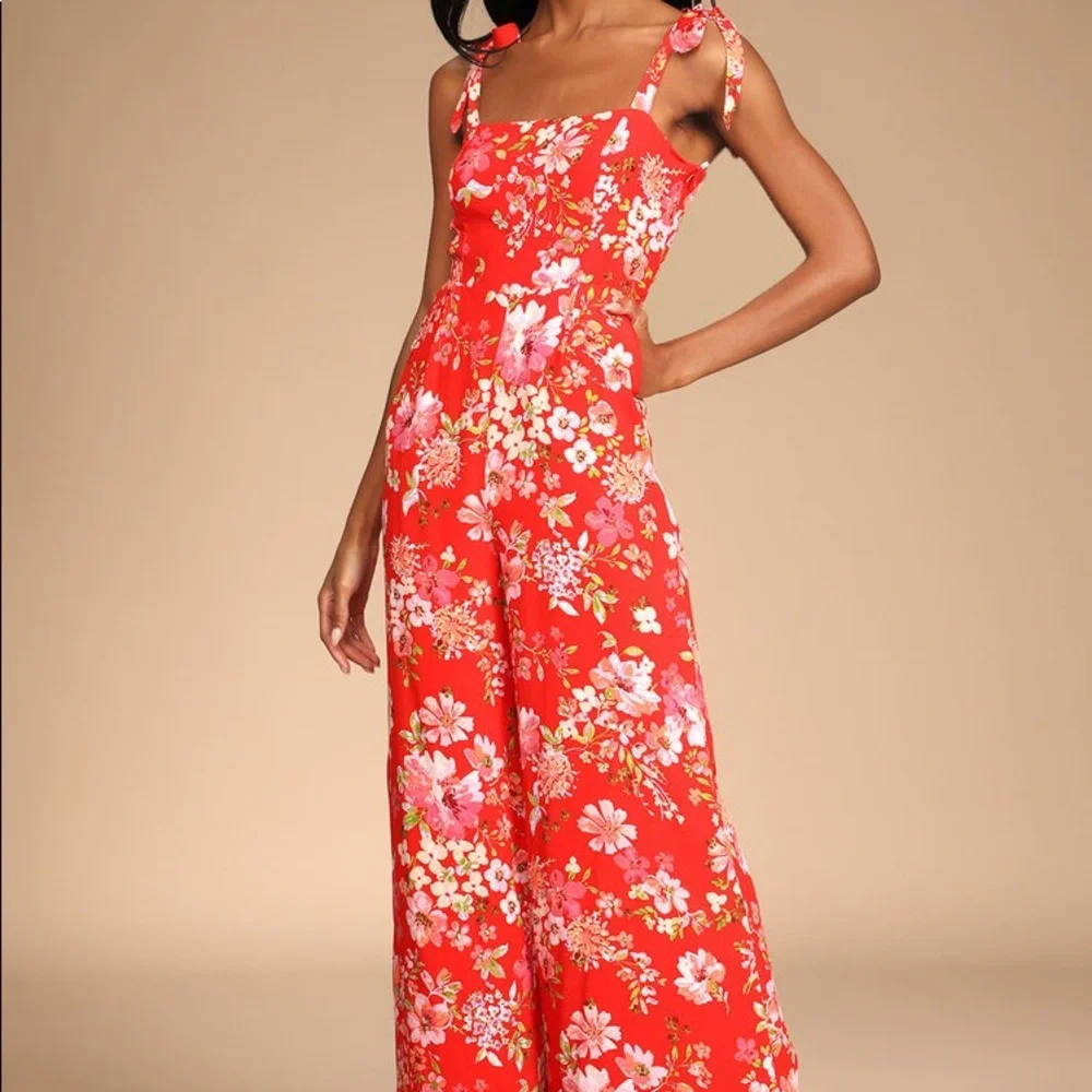 Red Floral Print Tie-Strap Jumpsuit - Picture 1 of 4